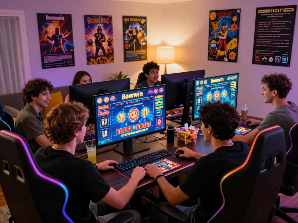 Friends enjoying the bomwin gaming experience in a vibrant home setting, showcasing excitement and community.