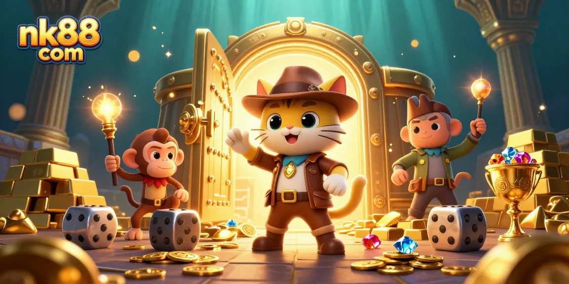 Experience thrilling adventures at nk88 com with a cartoon explorer discovering casino treasures.