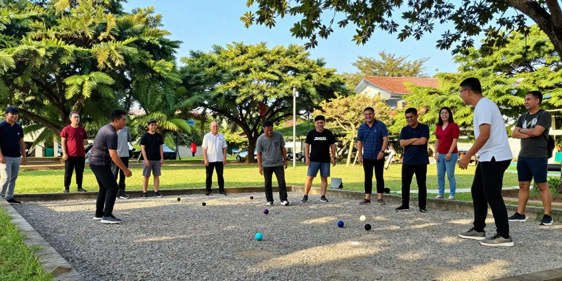 Engaged players at fopikotamakassar.org's outdoor petanque game in vibrant park.