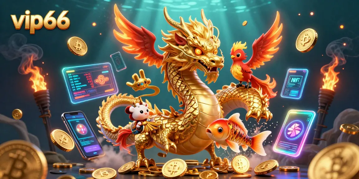 Bet on vip66 with a fiery dragon, phoenix, and koi fish amid vibrant crypto elements
