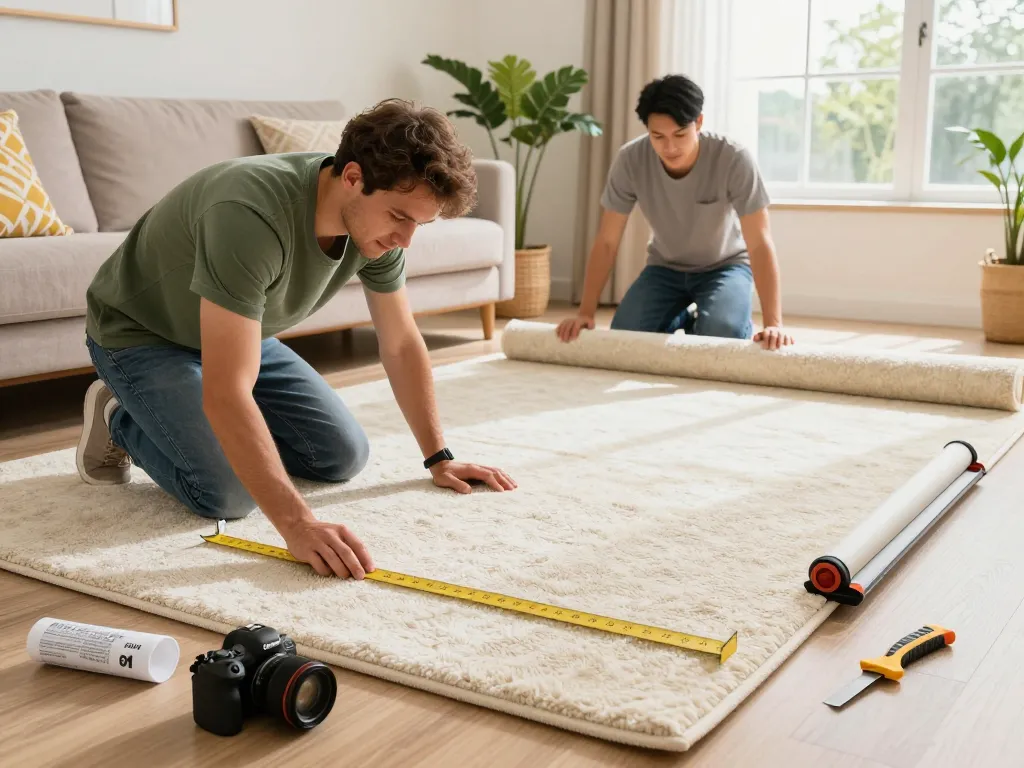 Skilled carpet fitters near me installing plush carpets in a bright living room.