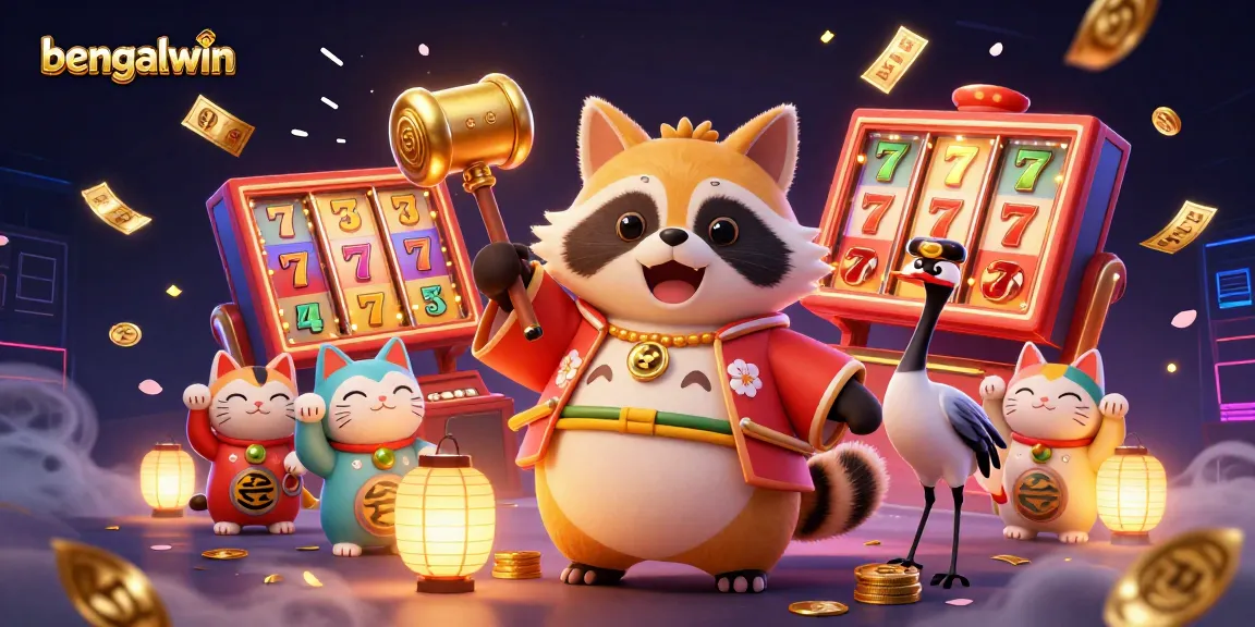 Bengalwin's vibrant scene showcases cheerful characters with lucky symbols and slot game excitement.