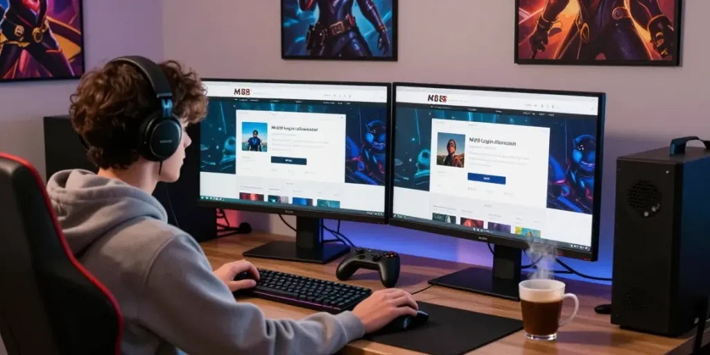 M88 Login alternatif with user focused on online gaming setup, showcasing monitors and gaming accessories.