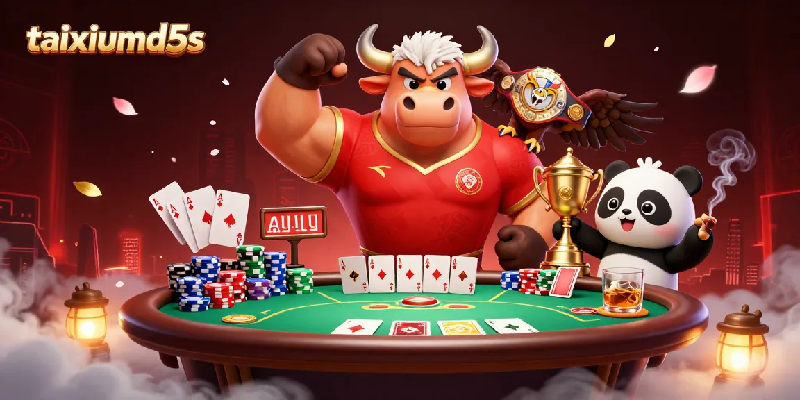 Experience thrilling wins with taixiumd5s, featuring a victorious bull and poker elements in vibrant 3D.