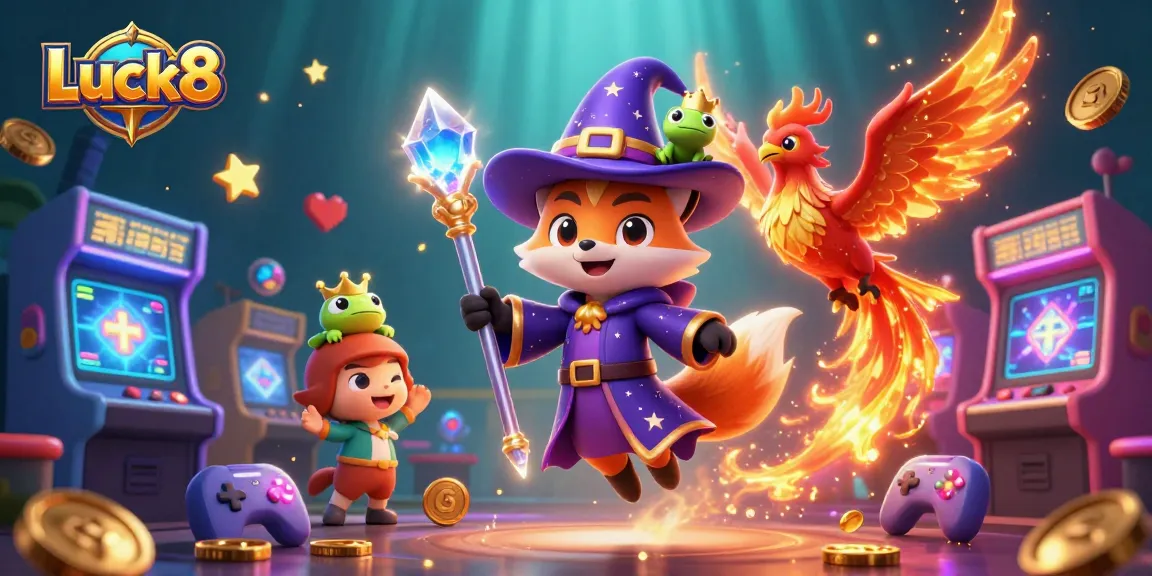 Experience the excitement of Luck8 with a magical 3D illustration featuring a wizard fox and phoenix.