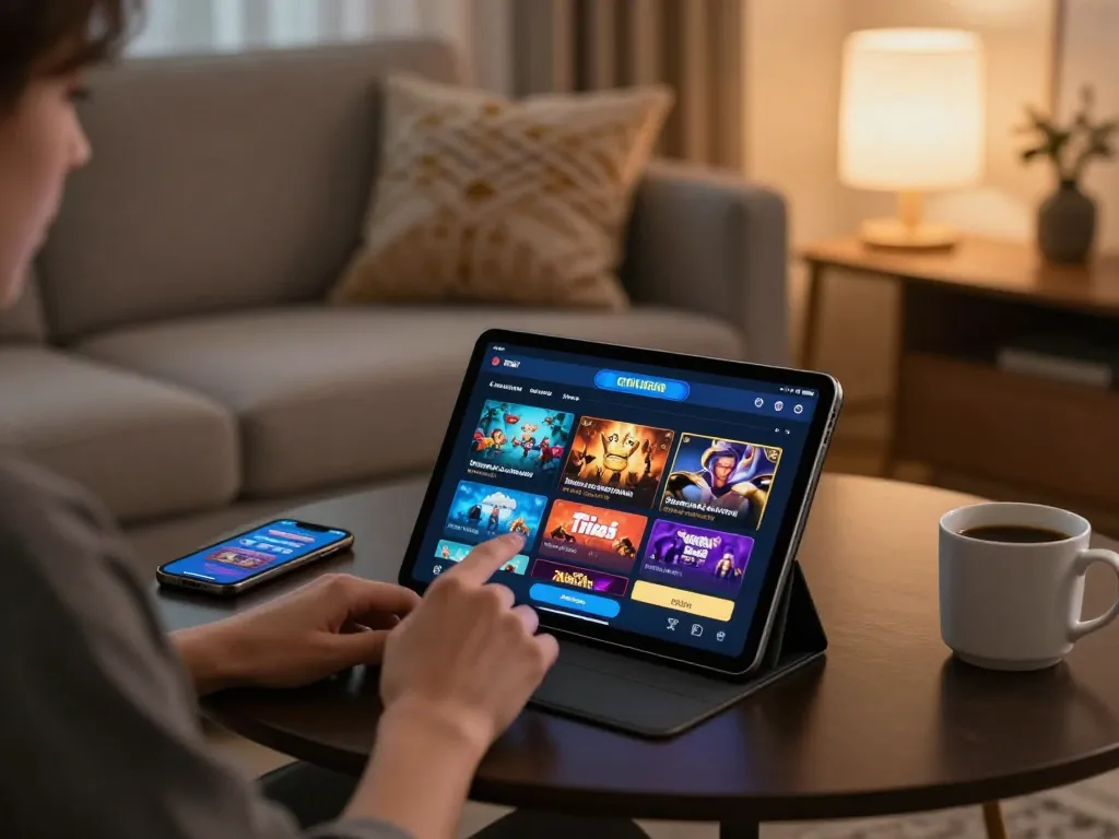 Engaging with 789 win casino app in a cozy living room for an online gaming experience