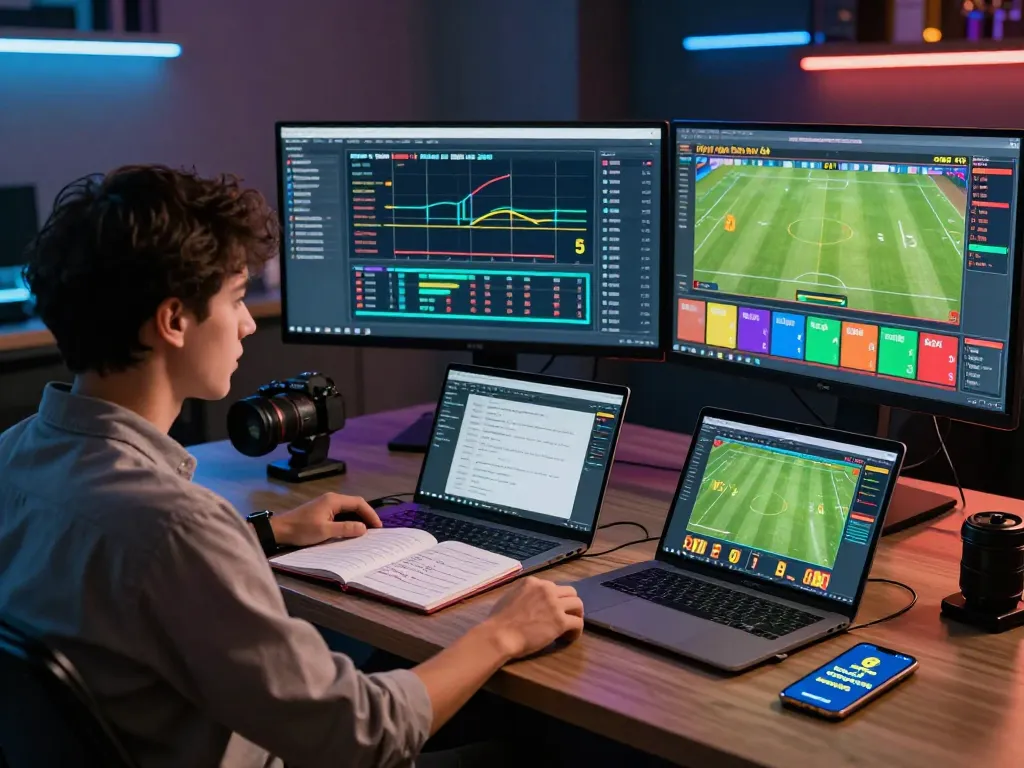 Tỷ lệ kèo nhà cái 5 being analyzed in a modern betting workspace with a professional gambler and multiple screens.