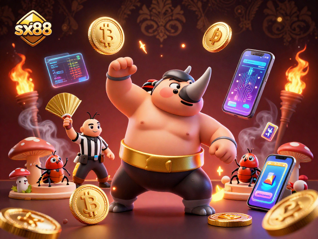 SX88 betting scene with a sumo beetle champion, shining Bitcoin coins, and dynamic gambling elements.