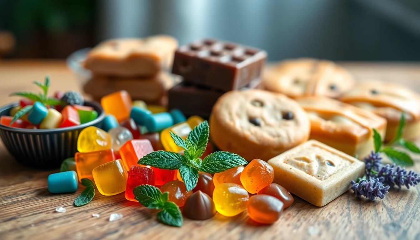 THC / CBD infused edibles UK displayed artistically on a wooden table with colorful delights.