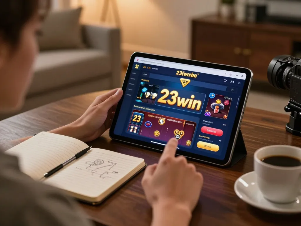 Player engaging with the 23win casino app on a tablet, showcasing strategic betting notes and a cozy atmosphere.