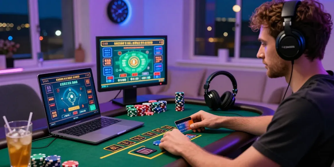 Engaging scene of a player immersed in a credit card casino experience at scoarch.org.uk, showcasing laptop gaming, credit cards, and an exciting atmosphere.