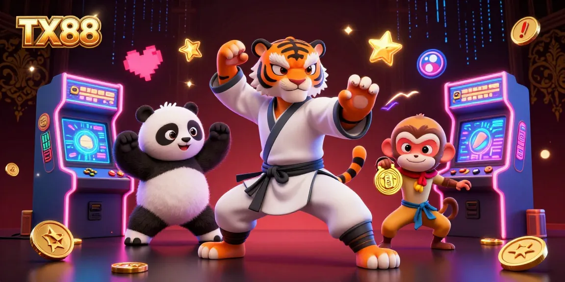 Engage with TX88's vibrant casino scene featuring playful characters and energetic game elements.