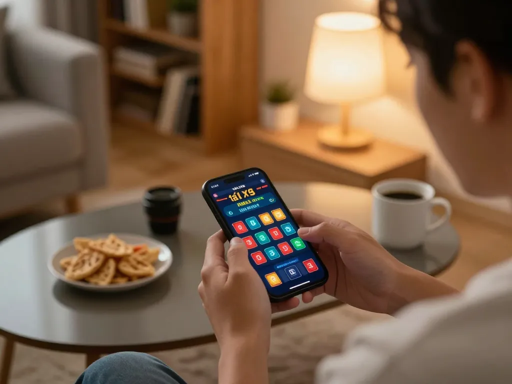 Engaging in tài xỉu online game on a smartphone in a cozy home setting, showcasing a strategic gaming moment.