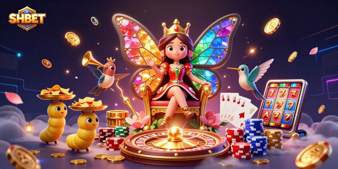 Engage with SHBET's thrilling world of casino games featuring a vibrant butterfly queen in a rich, dynamic scene.