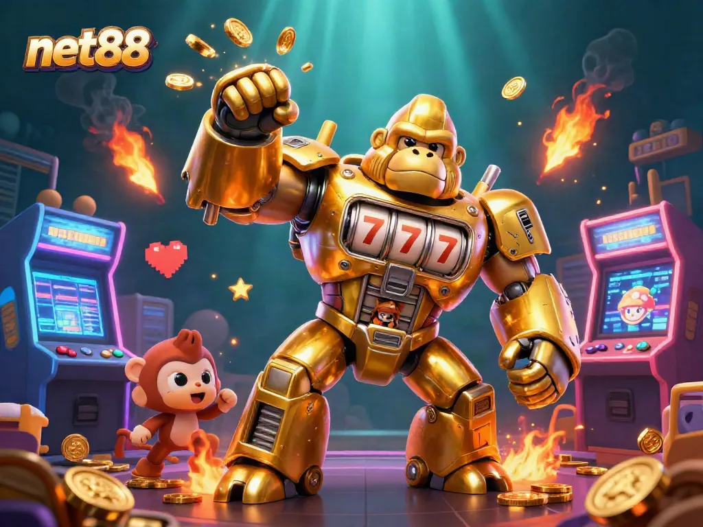 Experience thrilling gameplay at net88 with a vibrant depiction of a golden gorilla mech and arcade elements.