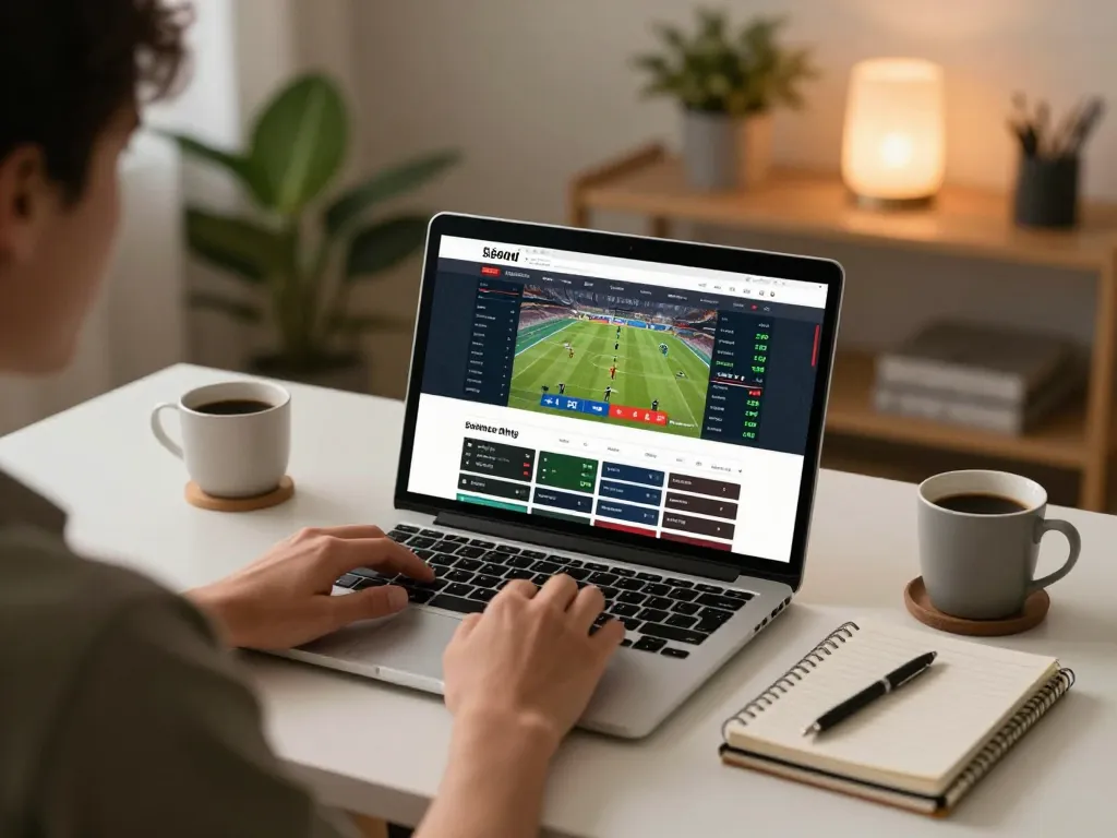 1gom user engaging with sports betting odds on laptop in a cozy home office setting.