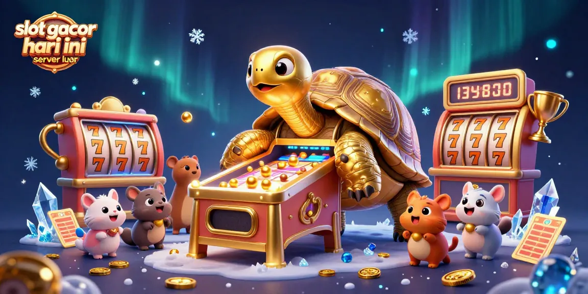 Play exciting slot gacor hari ini server luar with a dynamic scene featuring a colossal golden tortoise and casino elements.
