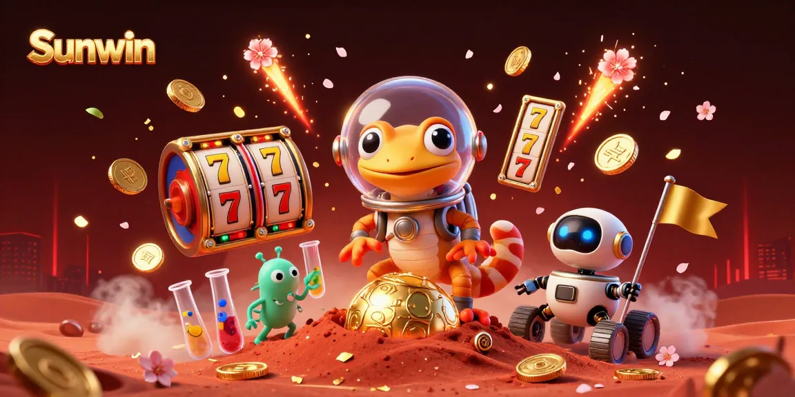 Sunwin casino promotional illustration with Martian gecko exploring a golden casino.