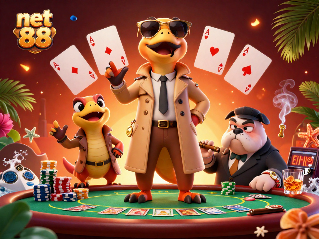 Players enjoy a thrilling poker game at net 88 with charismatic raptors and a bulldog bouncer.