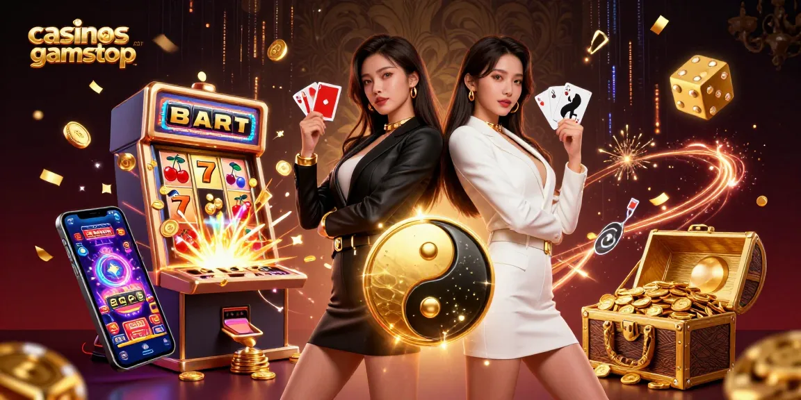 Experience thrilling action with twin Asian women showcasing casinos not on gamstop, playing cards amidst dynamic casino elements.