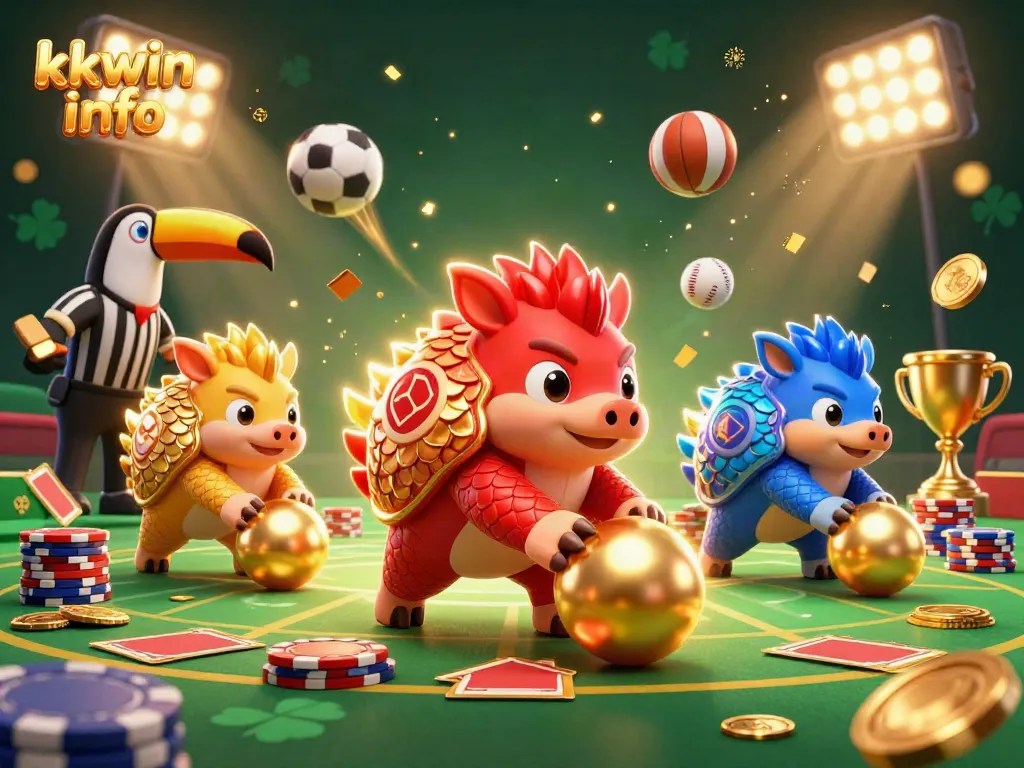 Engage with exciting casino action in Kkwin info featuring rival pangolins, trophy cups, and flying sports balls.