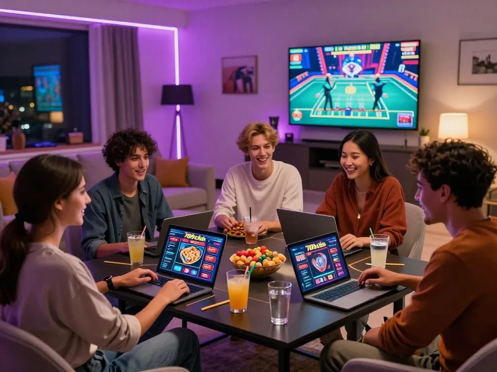 Friends enjoying a fun gaming night with 789club online casino interface visible on laptops and tablets.