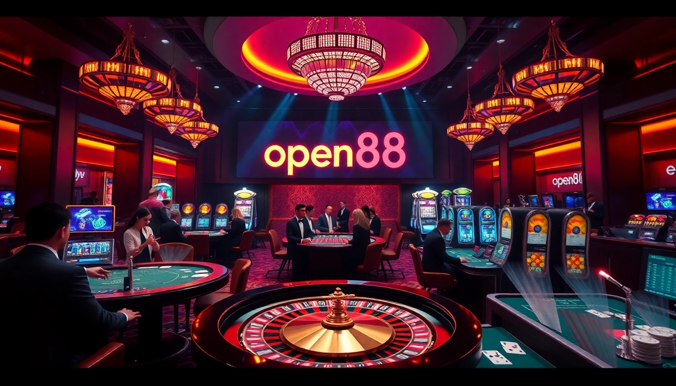 Experience the thrill of gambling at open88 with players enjoying roulette and slot machines in a luxurious casino.
