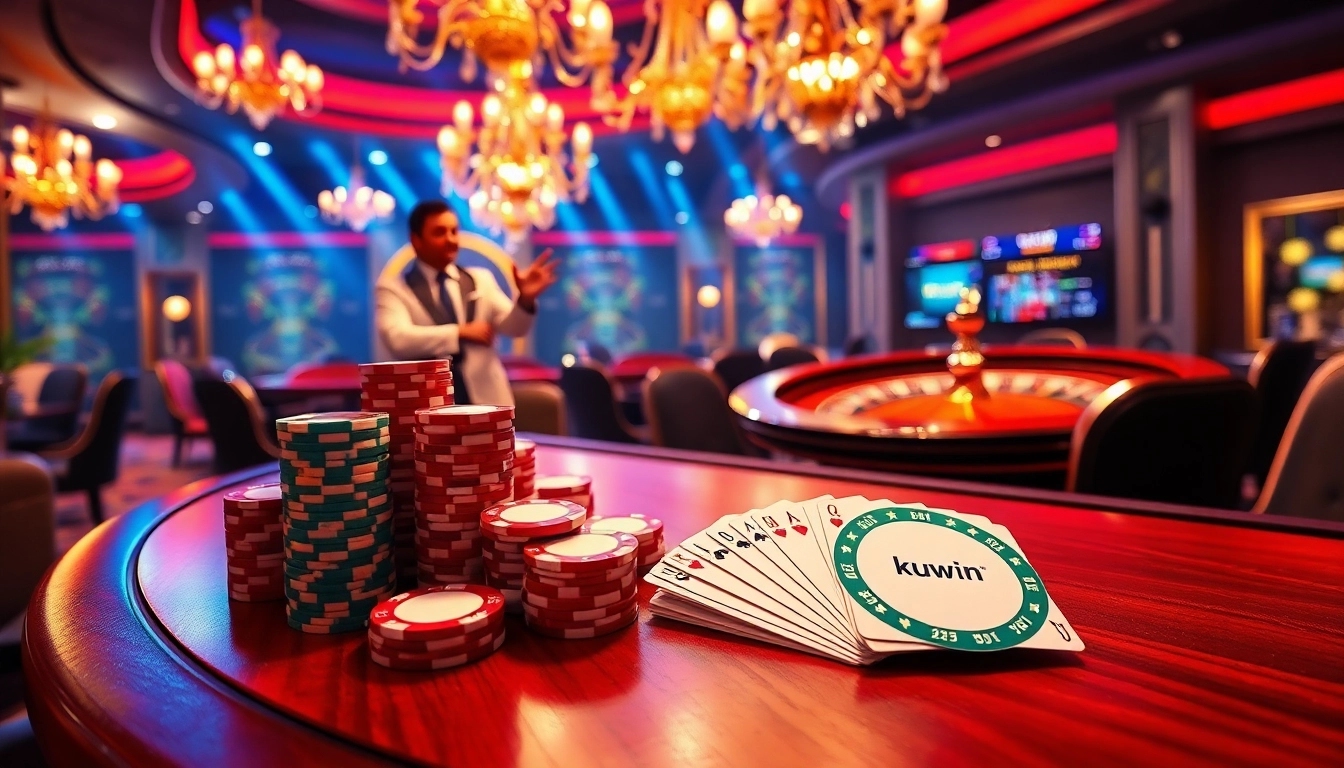 Kuwin poker chips and betting interface in a vibrant casino atmosphere showcasing excitement.
