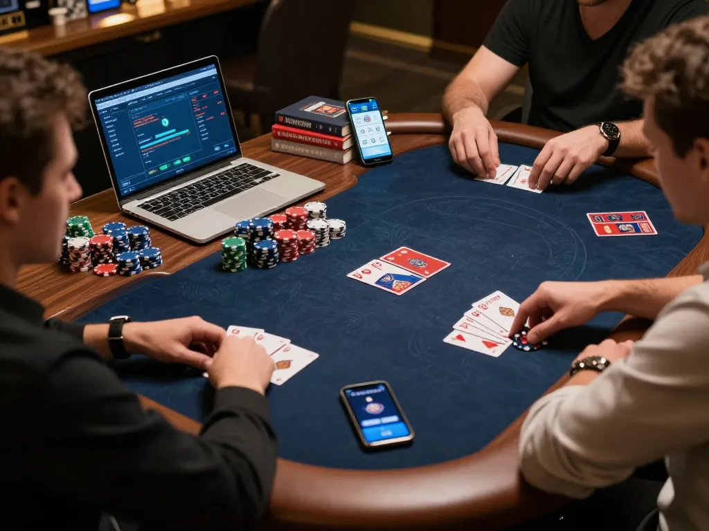Engaging in an online game bài đổi thưởng uy tín with impressive poker setup, chips, and strategy books.