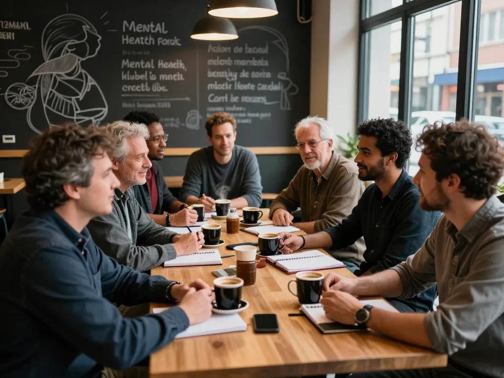 Men at a manclub café discussing mental well-being, fostering community support.