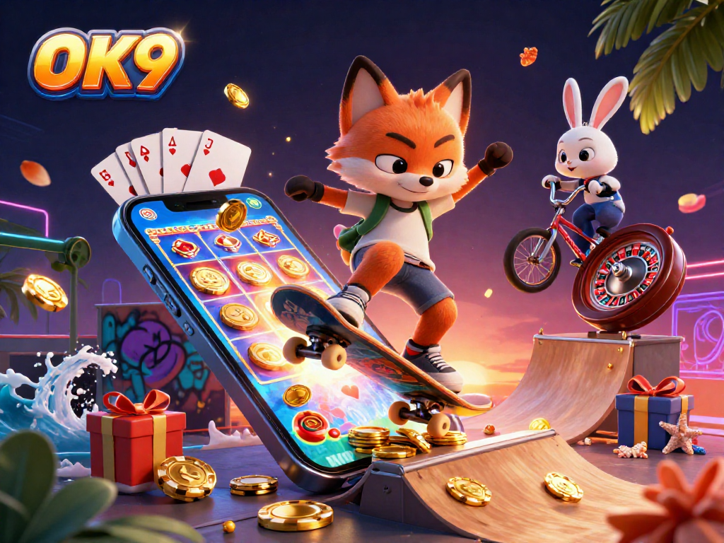 OK9 players enjoy vibrant casino illustrations with engaging slot games and dynamic characters.