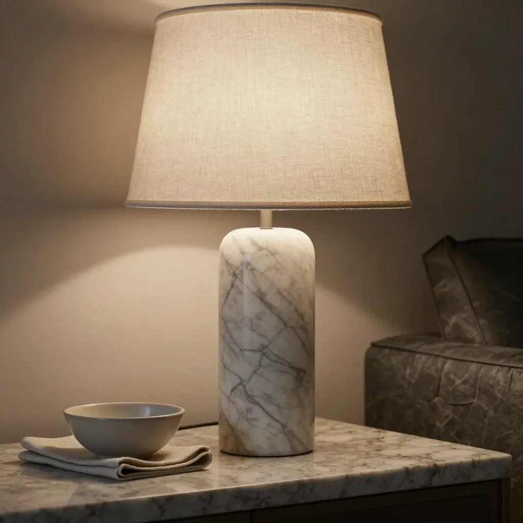 Marble table lamp glowing beside a ceramic bowl and folded napkin on a travertine console.