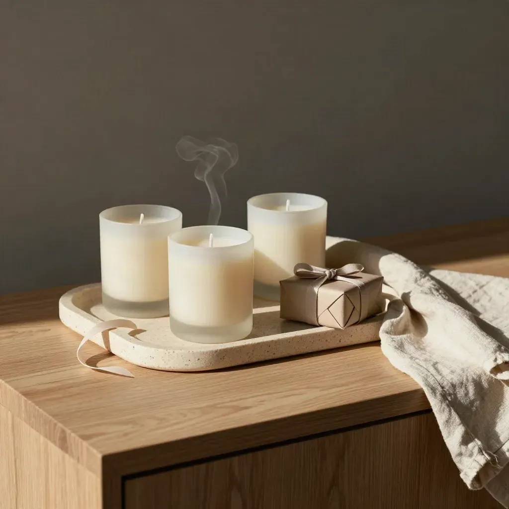 Three matte candles, travertine tray, wrapped gift and linen cloth on a sideboard with soft smoke.