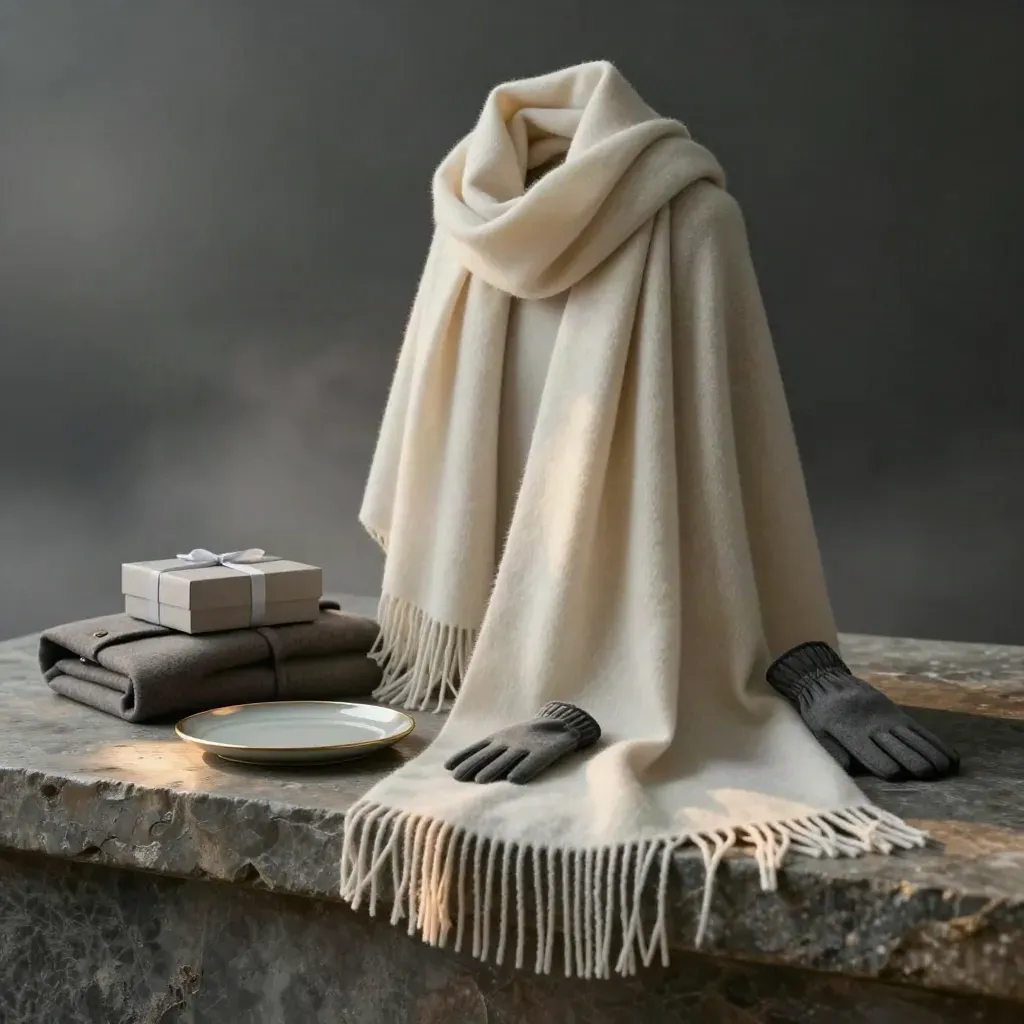 Ivory cashmere scarf with gloves, coat, gift box and tray on a stone plinth at dawn