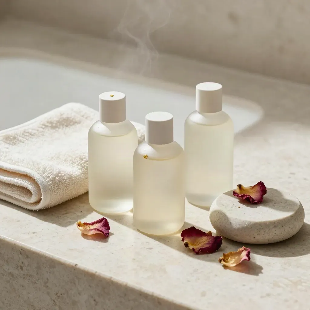 Three rose bath oil bottles with towel, soap dish, petals on travertine with steam