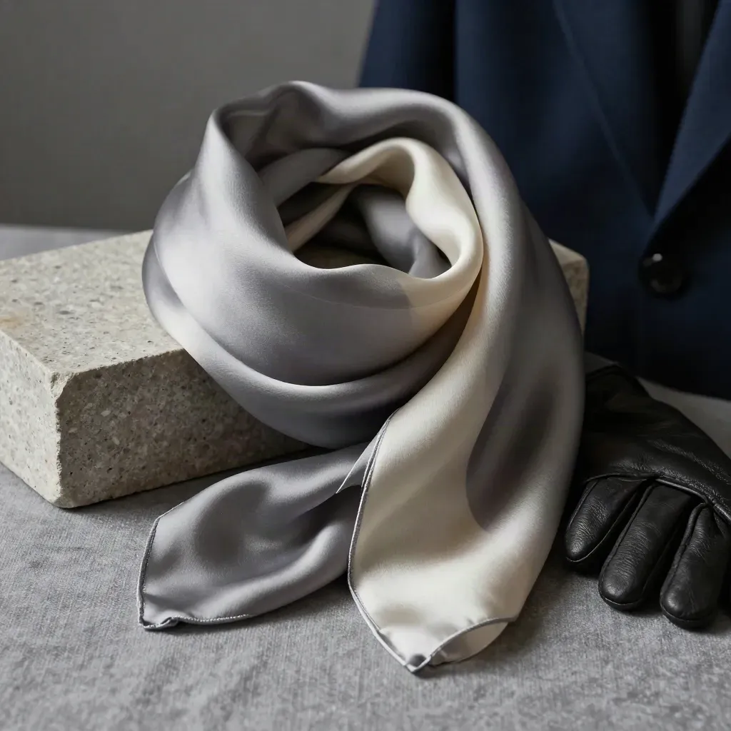 Silk twill scarf with charcoal and ivory border beside stone and leather glove in misty light.