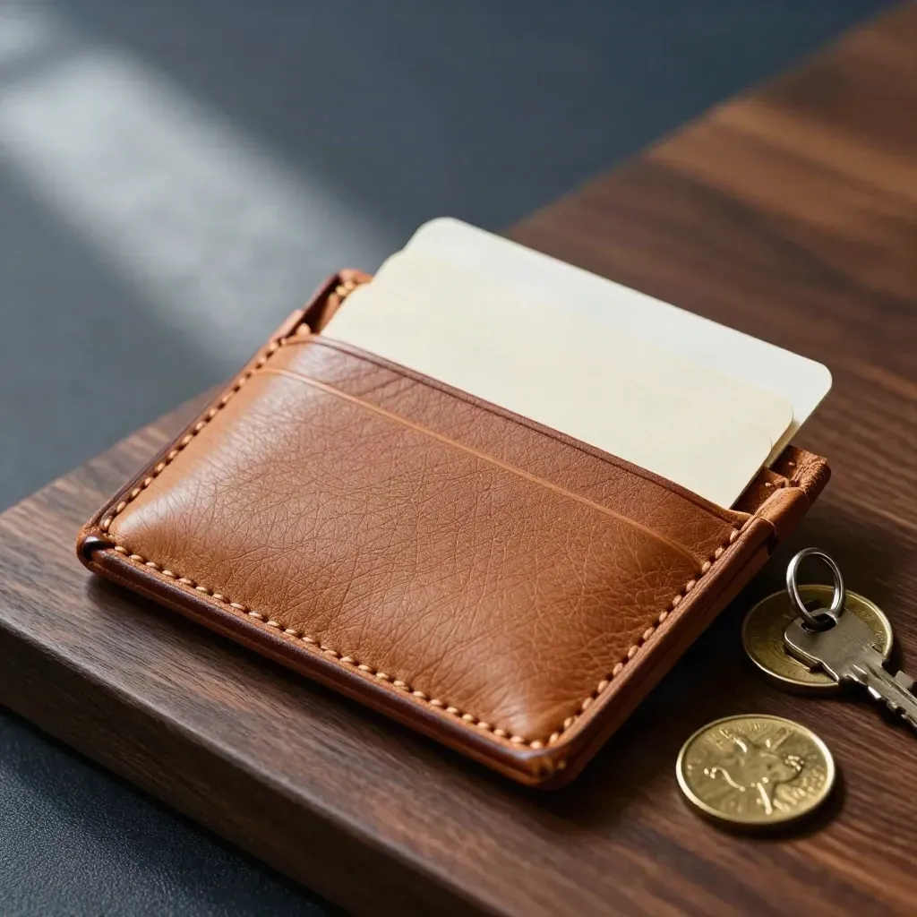 Macro of a saddle leather card holder with keys and a brass coin on dark wood.