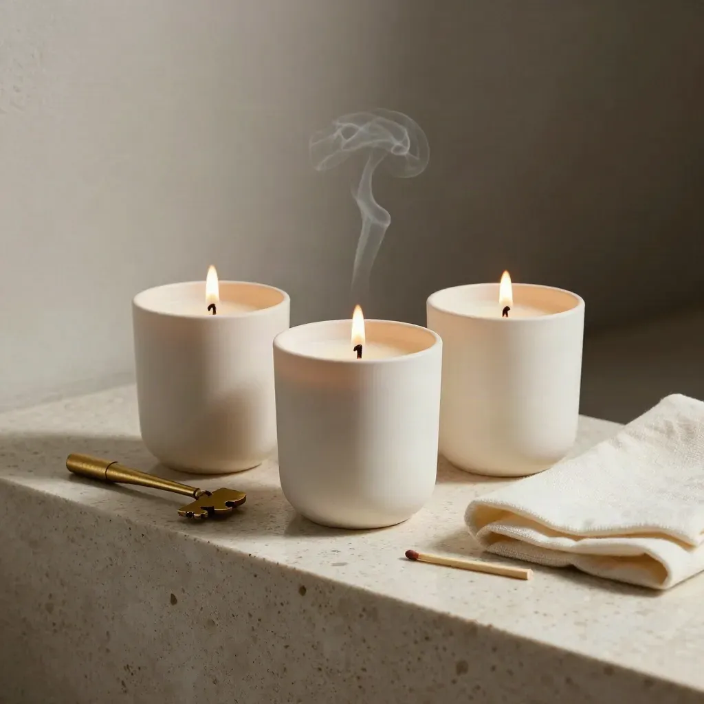 Three lit scented candles in matte ceramic vessels on travertine with ivory linen and soft smoke.