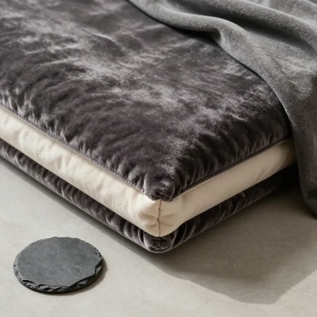 Velvet cushion cover flatlay with insert corner, throw and slate coaster on concrete