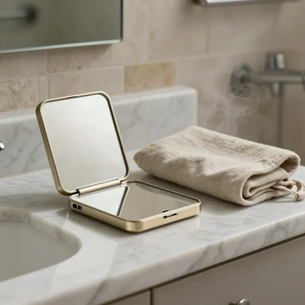 Two compact travel mirrors beside a linen pouch on a marble sink edge in soft bathroom steam