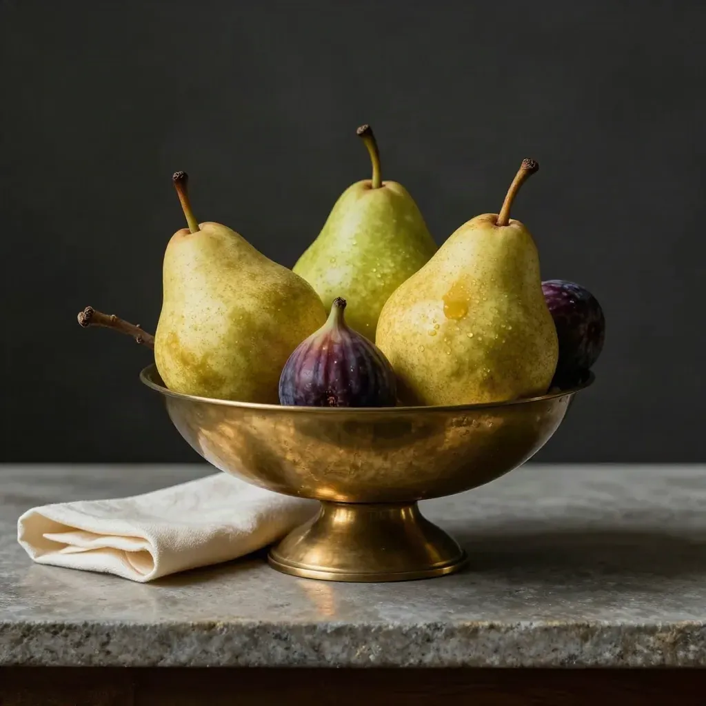 Brass fruit bowl with pears and fig on stone counter, lit dramatically in a dark studio.