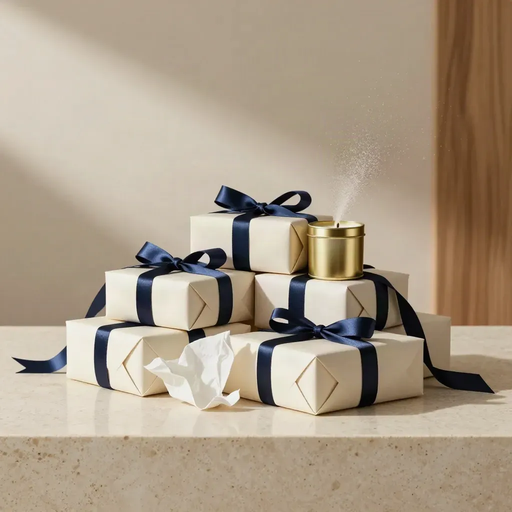 Luxury ivory gift sets with navy ribbon, gold box and candle tin on a travertine pedestal.