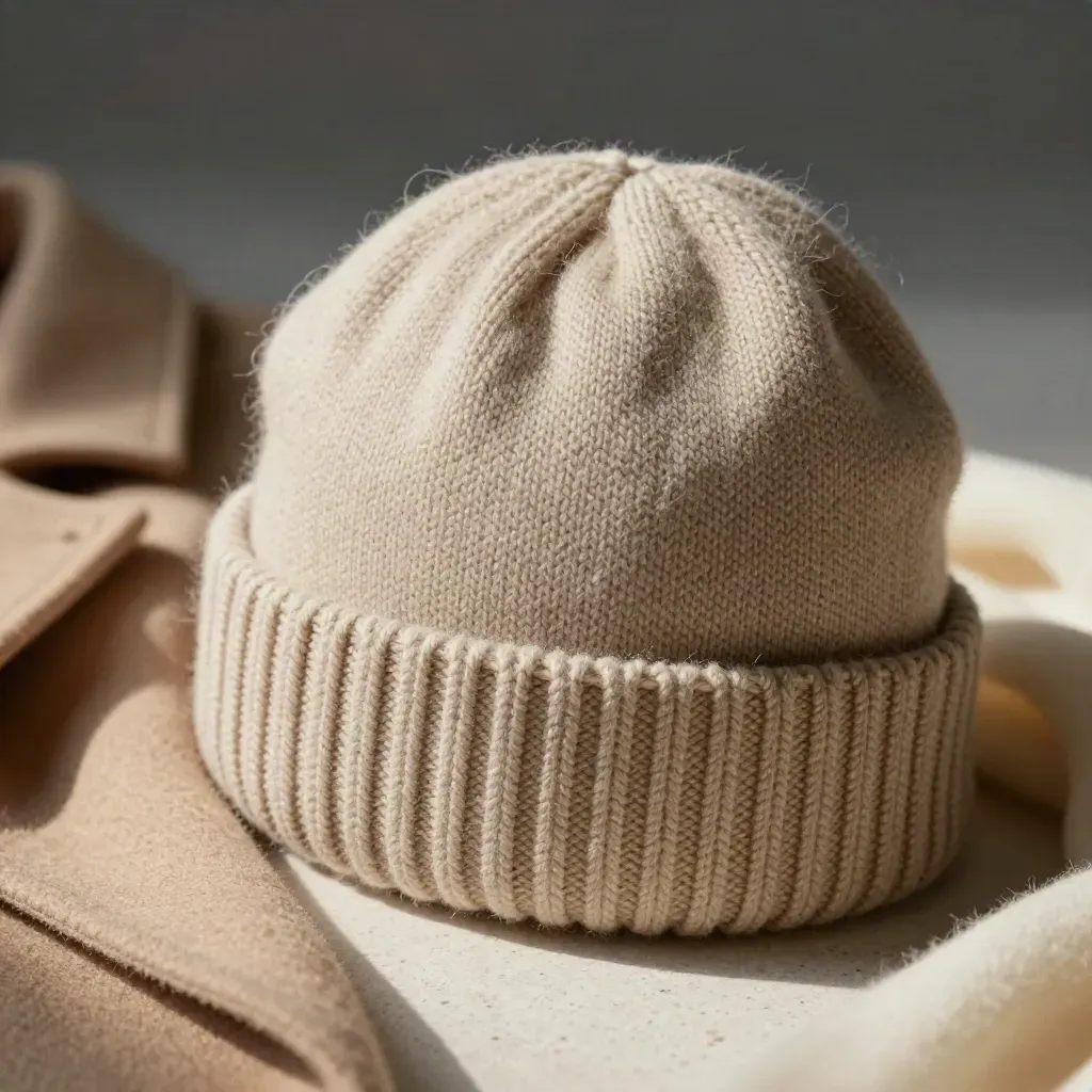 Oatmeal cashmere-blend beanie in macro, with rolled cuff and brushed fibres glowing softly.
