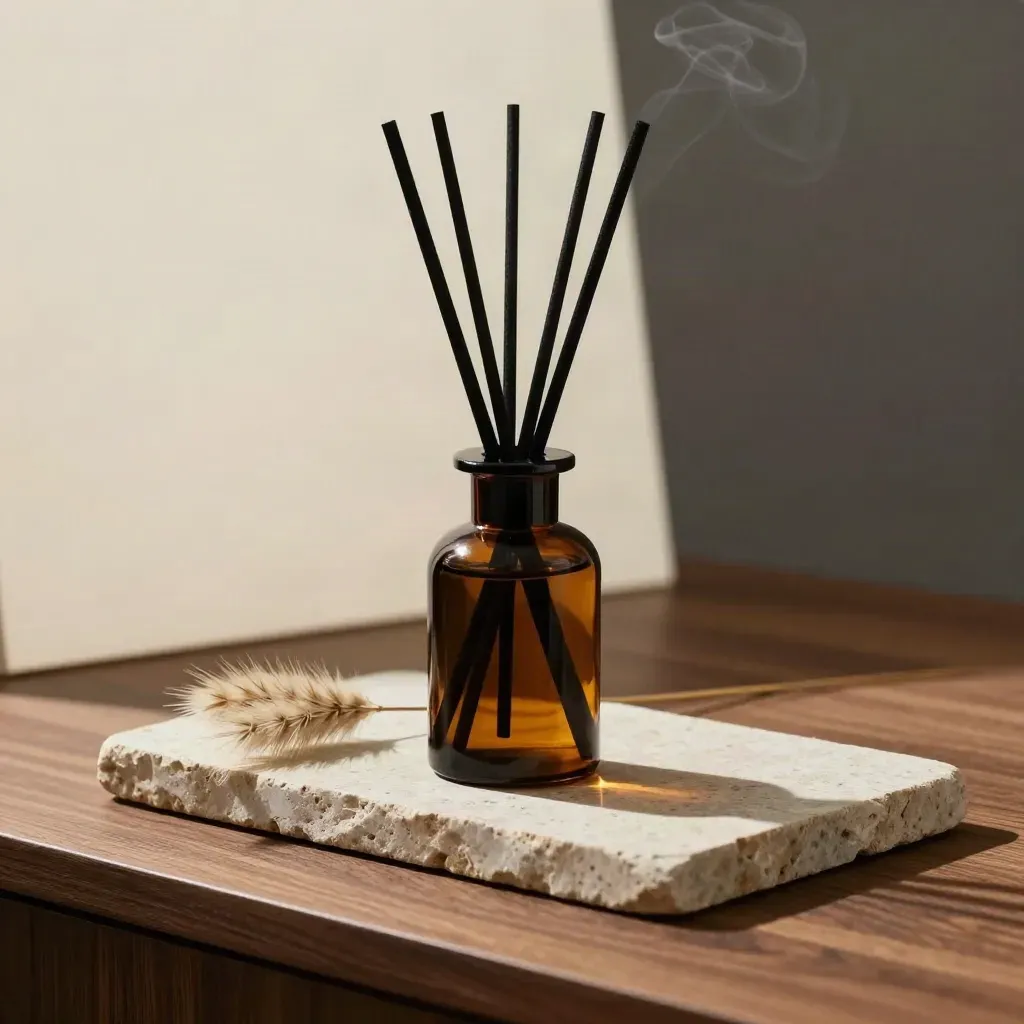 Amber glass reed diffuser with black reeds on a stone tray, dried stem, and warm walnut backdrop