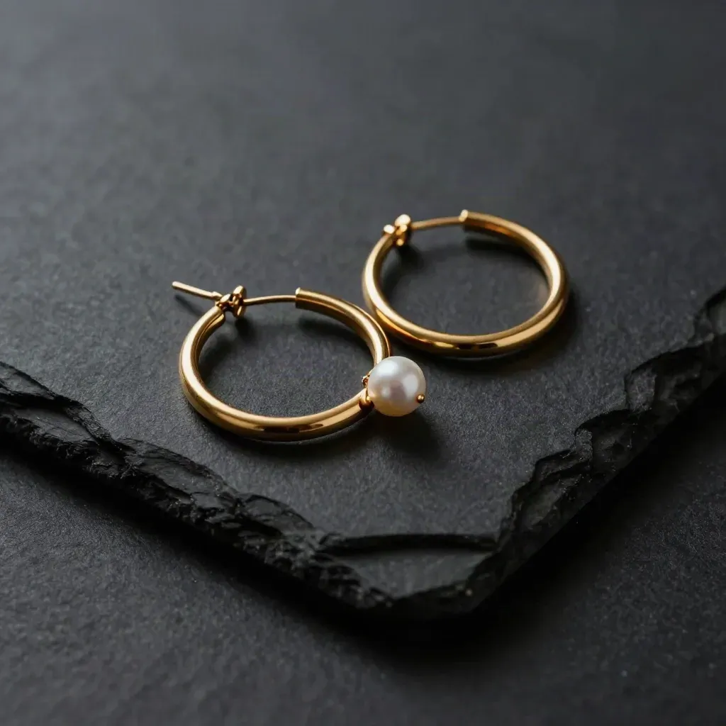 Gold hoop earrings with a pearl bead on black velvet, lit dramatically in a dark studio.
