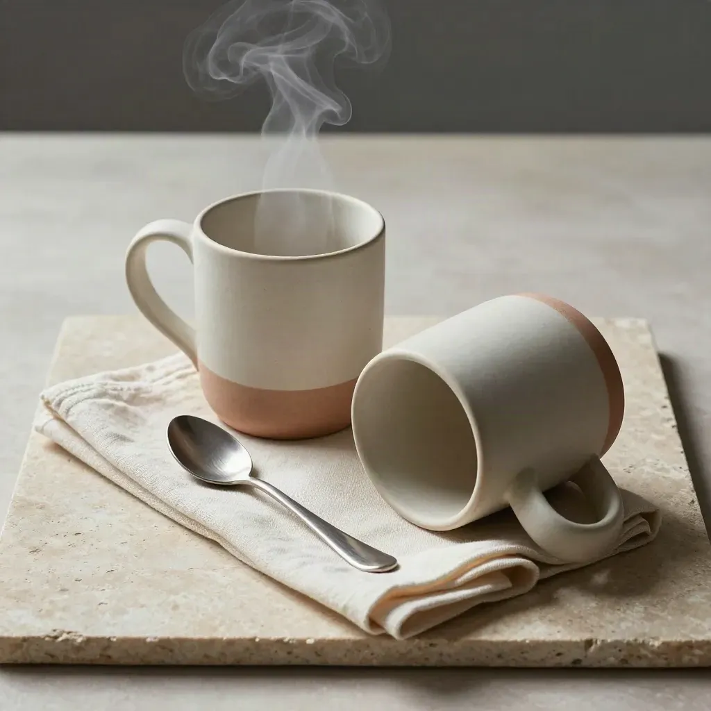 Overhead flatlay of two stoneware mugs, linen napkin and spoon on a stone tray with steam rising