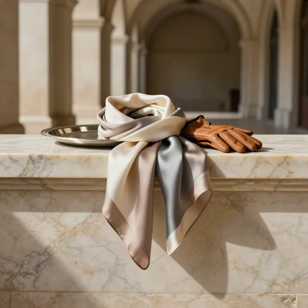 Silk scarf, leather gloves and tray on a sunlit marble ledge in an arcade.