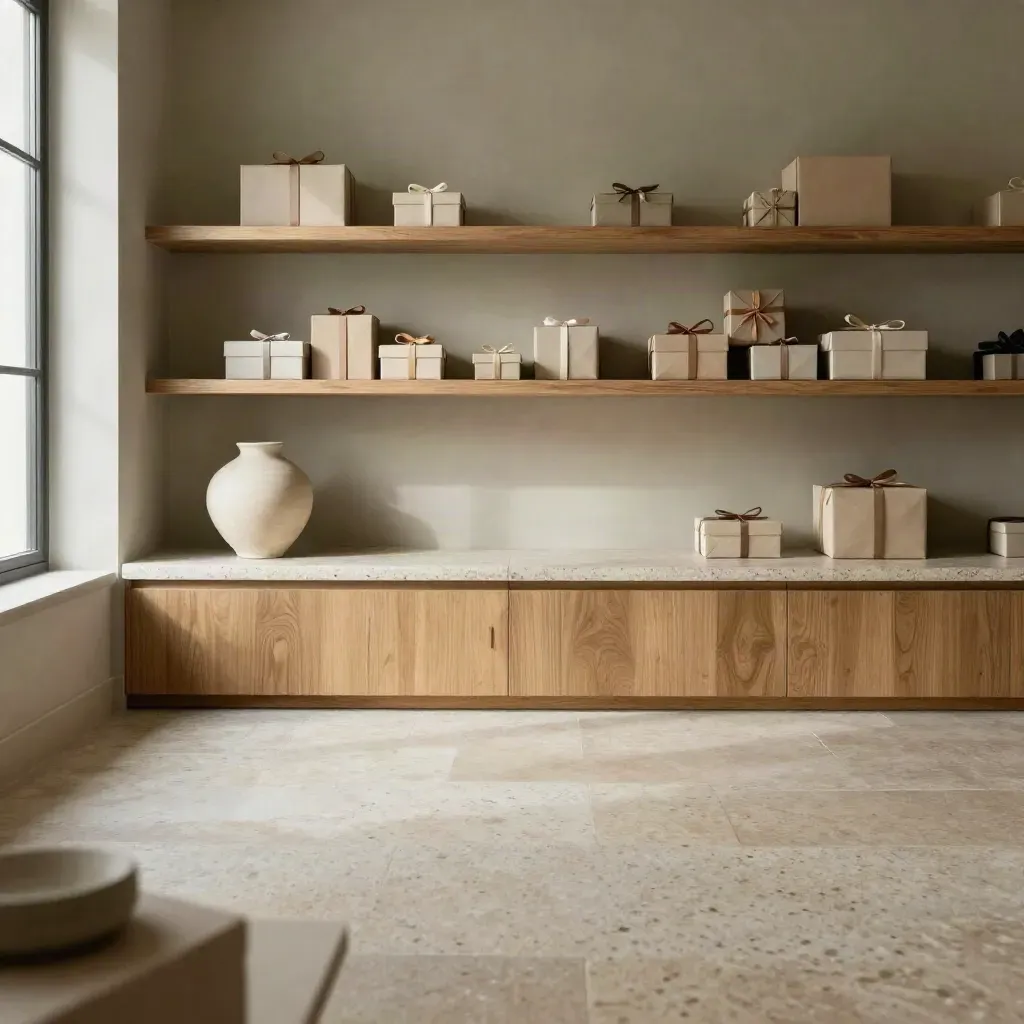 Styled homeware gifts with ceramic vase on travertine in a sunlit neutral lounge nook.