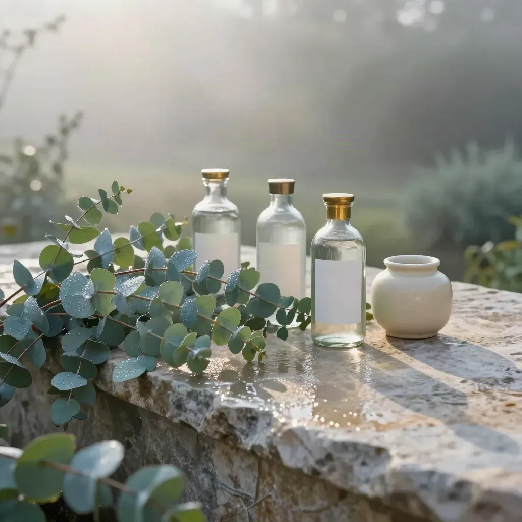 Misty eucalyptus, stone basin, and beauty bottles on a ledge above a quiet garden slope.