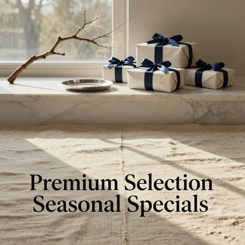 Linen-draped marble with branch, tray, and wrapped parcels in soft sunlit copy space.